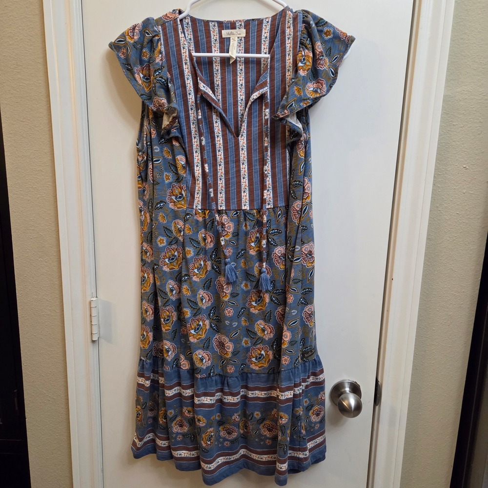Matilda Jane Womens Blue Floral Striped Flutter Sleeve Boho Tassel Dress Size M